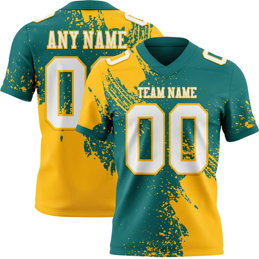 Custom Teal White-Gold 3D Pattern Abstract Brush Stroke Mesh Authentic Football Jersey
