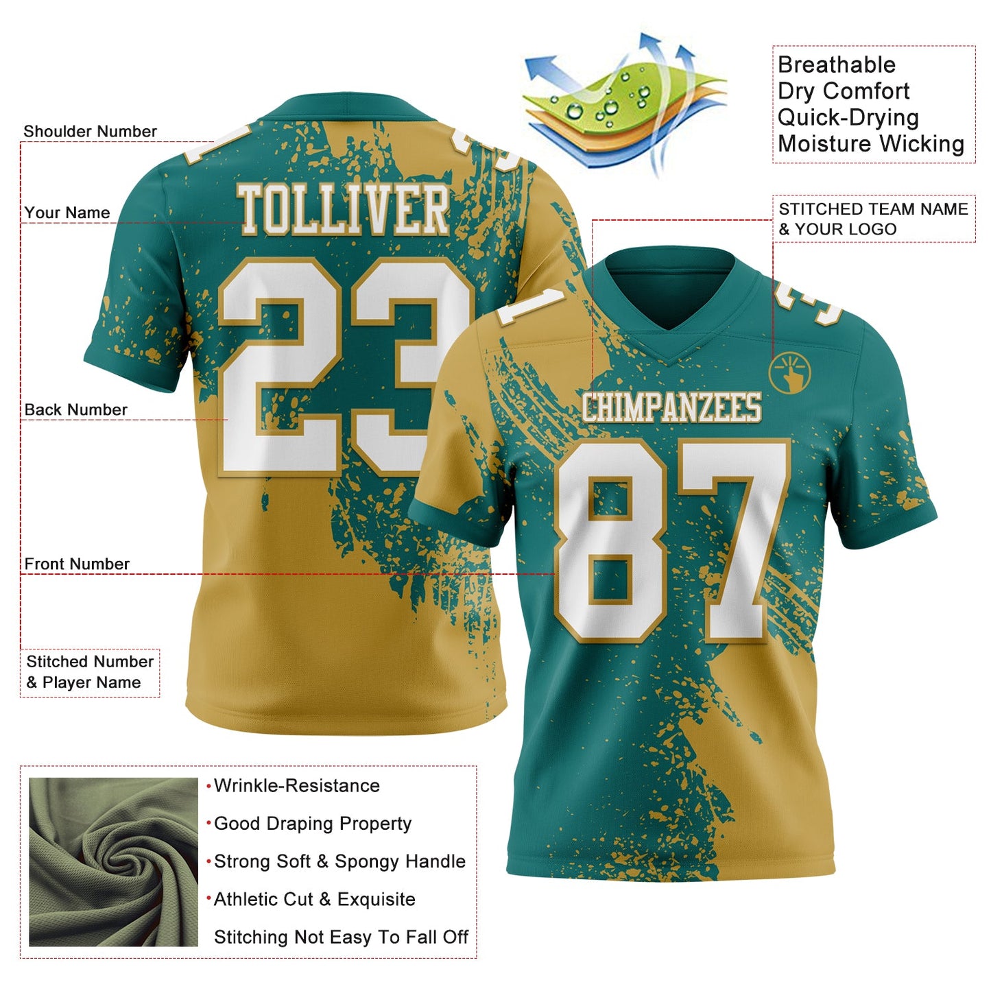Custom Teal White-Old Gold 3D Pattern Abstract Brush Stroke Mesh Authentic Football Jersey
