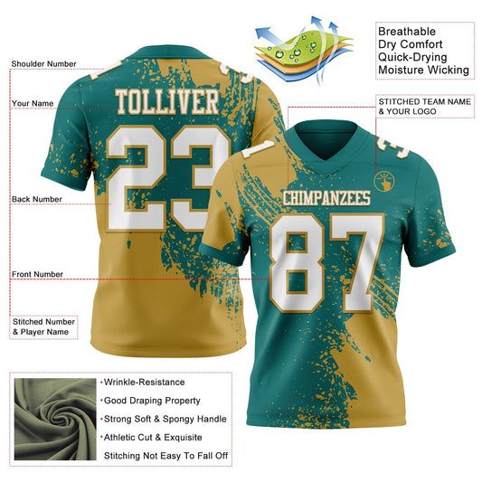 Custom Teal White-Old Gold 3D Pattern Abstract Brush Stroke Mesh Authentic Football Jersey