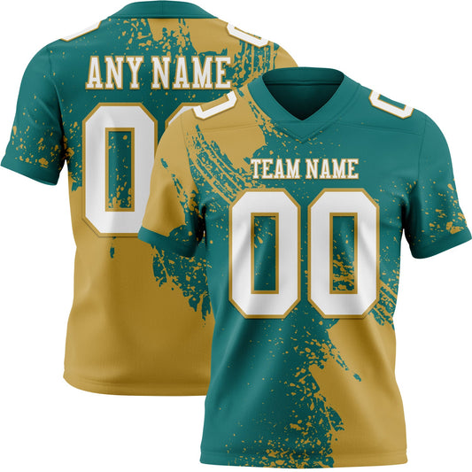 Custom Teal White-Old Gold 3D Pattern Abstract Brush Stroke Mesh Authentic Football Jersey