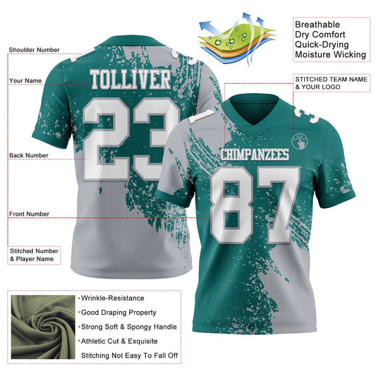 Custom Teal White-Gray 3D Pattern Abstract Brush Stroke Mesh Authentic Football Jersey