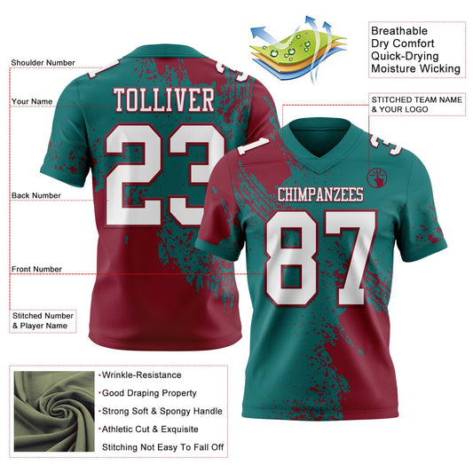 Custom Teal White-Crimson 3D Pattern Abstract Brush Stroke Mesh Authentic Football Jersey