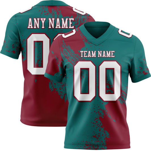 Custom Teal White-Crimson 3D Pattern Abstract Brush Stroke Mesh Authentic Football Jersey