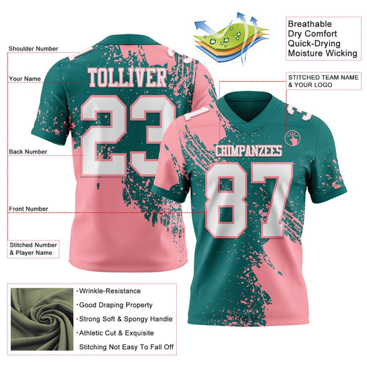 Custom Teal White-Medium Pink 3D Pattern Abstract Brush Stroke Mesh Authentic Football Jersey