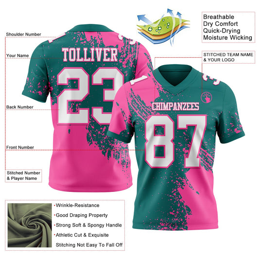 Custom Teal White-Pink 3D Pattern Abstract Brush Stroke Mesh Authentic Football Jersey