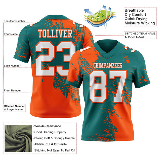 Custom Teal White-Orange 3D Pattern Abstract Brush Stroke Mesh Authentic Football Jersey