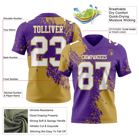Custom Purple White-Old Gold 3D Pattern Abstract Brush Stroke Mesh Authentic Football Jersey
