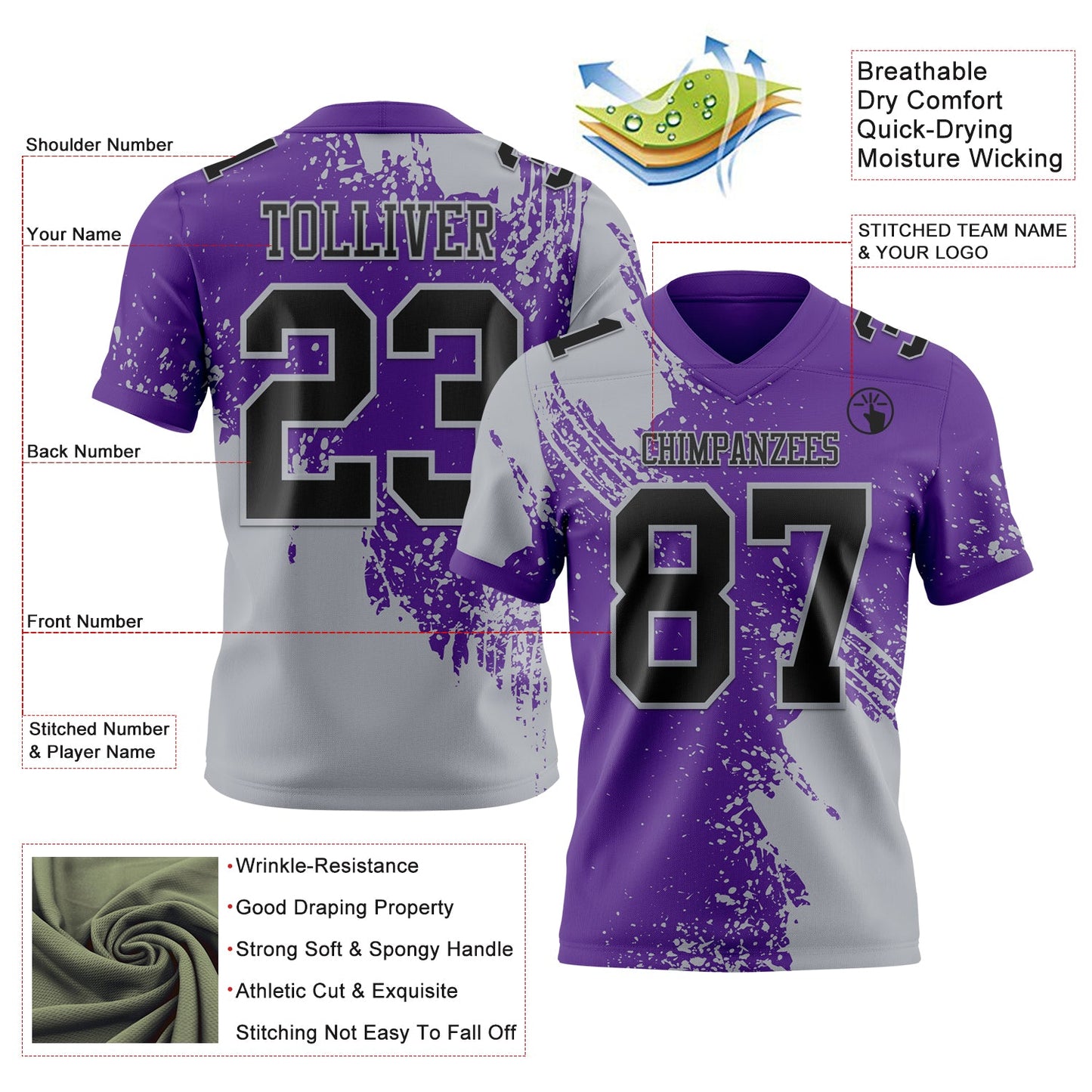 Custom Purple Black-Gray 3D Pattern Abstract Brush Stroke Mesh Authentic Football Jersey