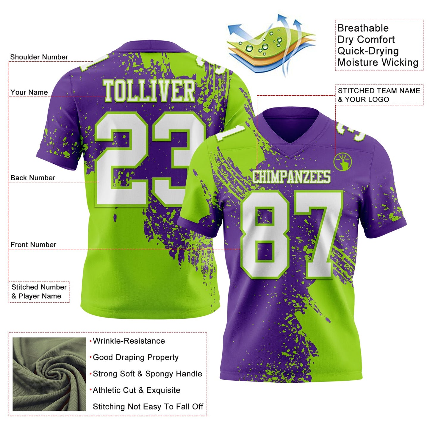 Custom Purple White-Neon Green 3D Pattern Abstract Brush Stroke Mesh Authentic Football Jersey