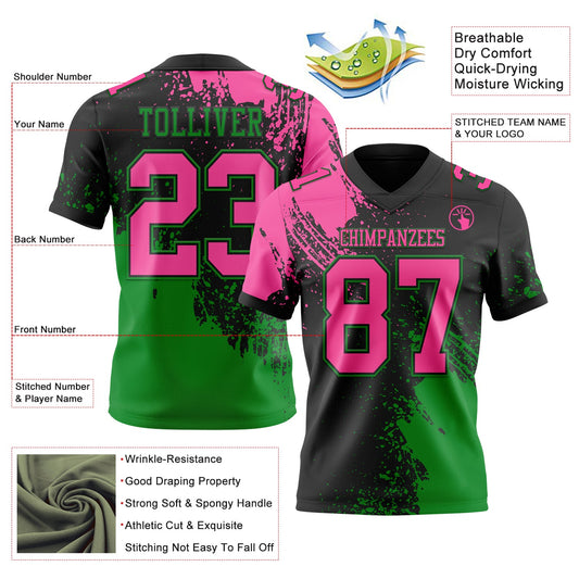Custom Black Pink-Grass Green 3D Pattern Abstract Brush Stroke Mesh Authentic Football Jersey