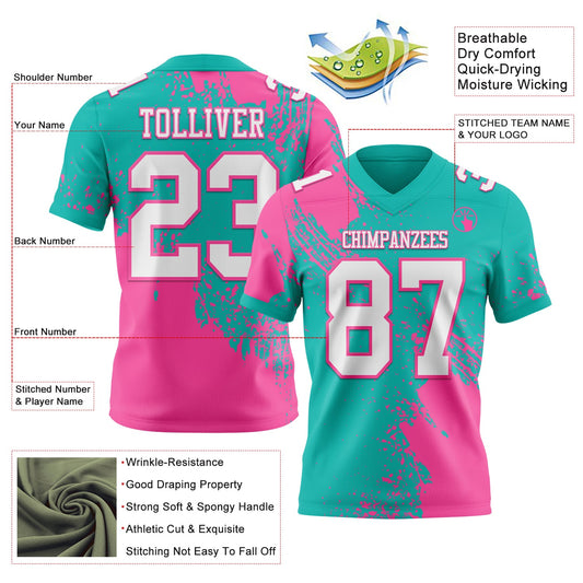 Custom Aqua White-Pink 3D Pattern Abstract Brush Stroke Mesh Authentic Football Jersey