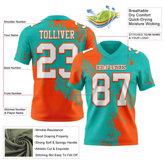 Custom Aqua White-Orange 3D Pattern Abstract Brush Stroke Mesh Authentic Football Jersey