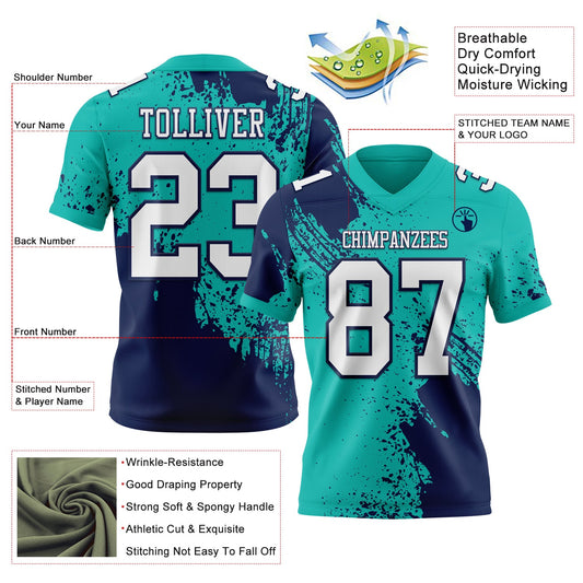 Custom Aqua White-Navy 3D Pattern Abstract Brush Stroke Mesh Authentic Football Jersey