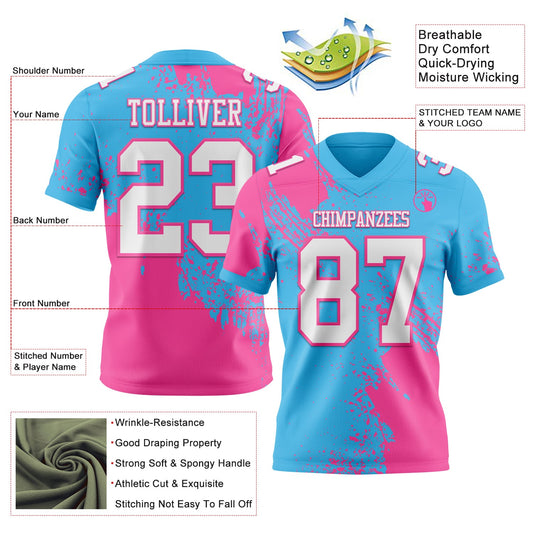 Custom Sky Blue White-Pink 3D Pattern Abstract Brush Stroke Mesh Authentic Football Jersey