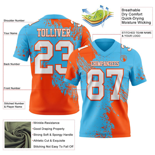 Custom Sky Blue White-Orange 3D Pattern Abstract Brush Stroke Mesh Authentic Football Jersey