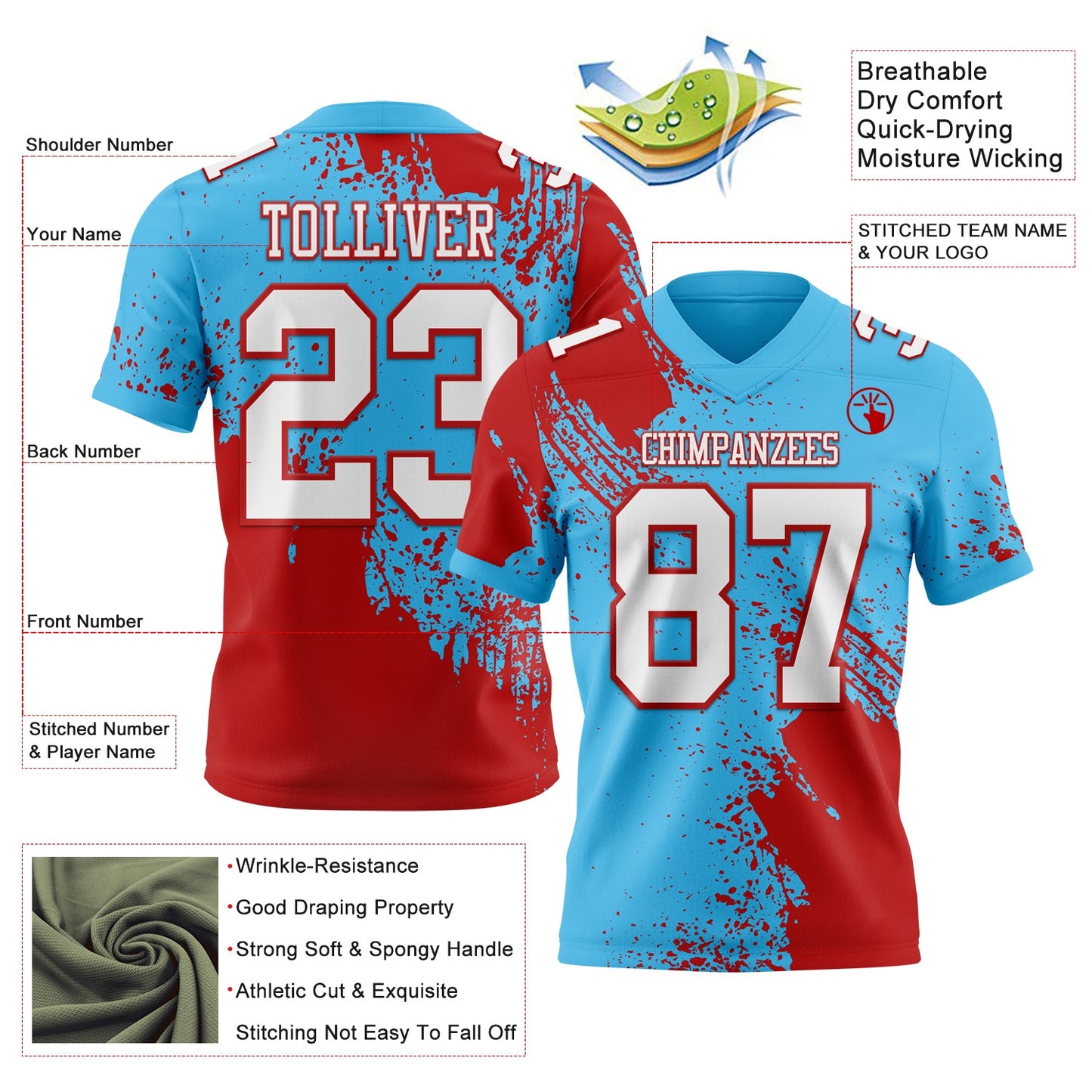 Custom Sky Blue White-Red 3D Pattern Abstract Brush Stroke Mesh Authentic Football Jersey