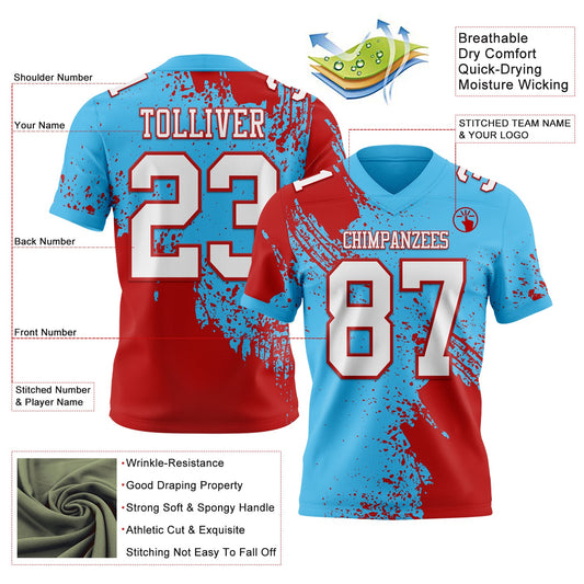 Custom Sky Blue White-Red 3D Pattern Abstract Brush Stroke Mesh Authentic Football Jersey
