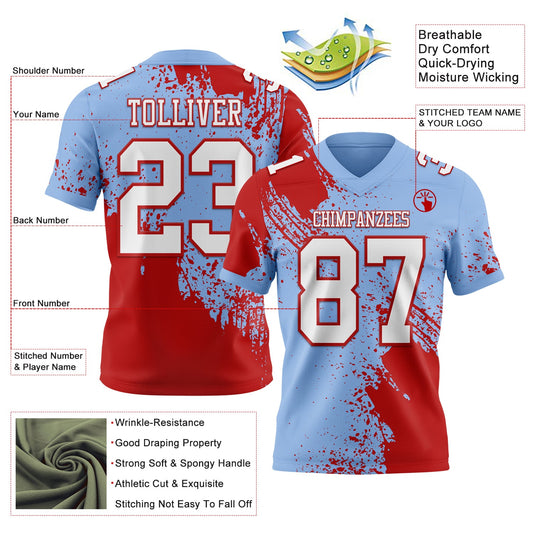 Custom Light Blue White-Red 3D Pattern Abstract Brush Stroke Mesh Authentic Football Jersey