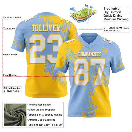 Custom Light Blue White-Yellow 3D Pattern Abstract Brush Stroke Mesh Authentic Football Jersey