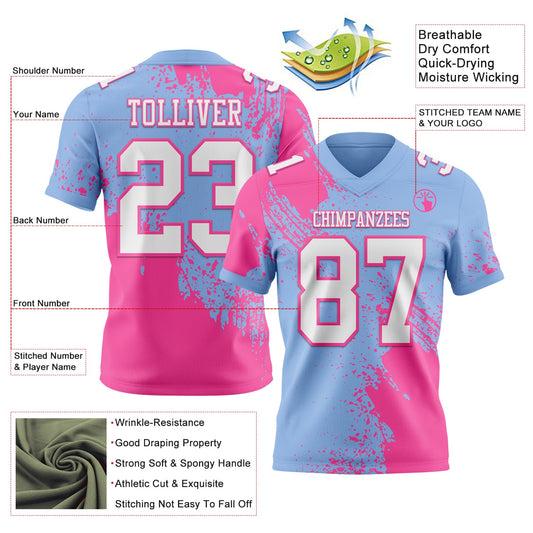 Custom Light Blue White-Pink 3D Pattern Abstract Brush Stroke Mesh Authentic Football Jersey