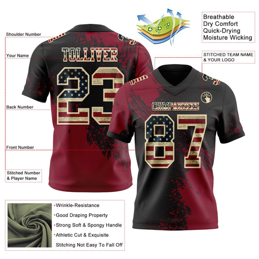 Custom Black Vintage USA Flag Crimson-Cream 3D Pattern Abstract Brush Stroke Mesh Authentic Football Jersey