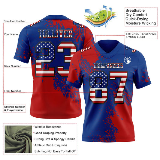 Custom Royal USA Flag Red-Black 3D Pattern Abstract Brush Stroke Mesh Authentic Football Jersey
