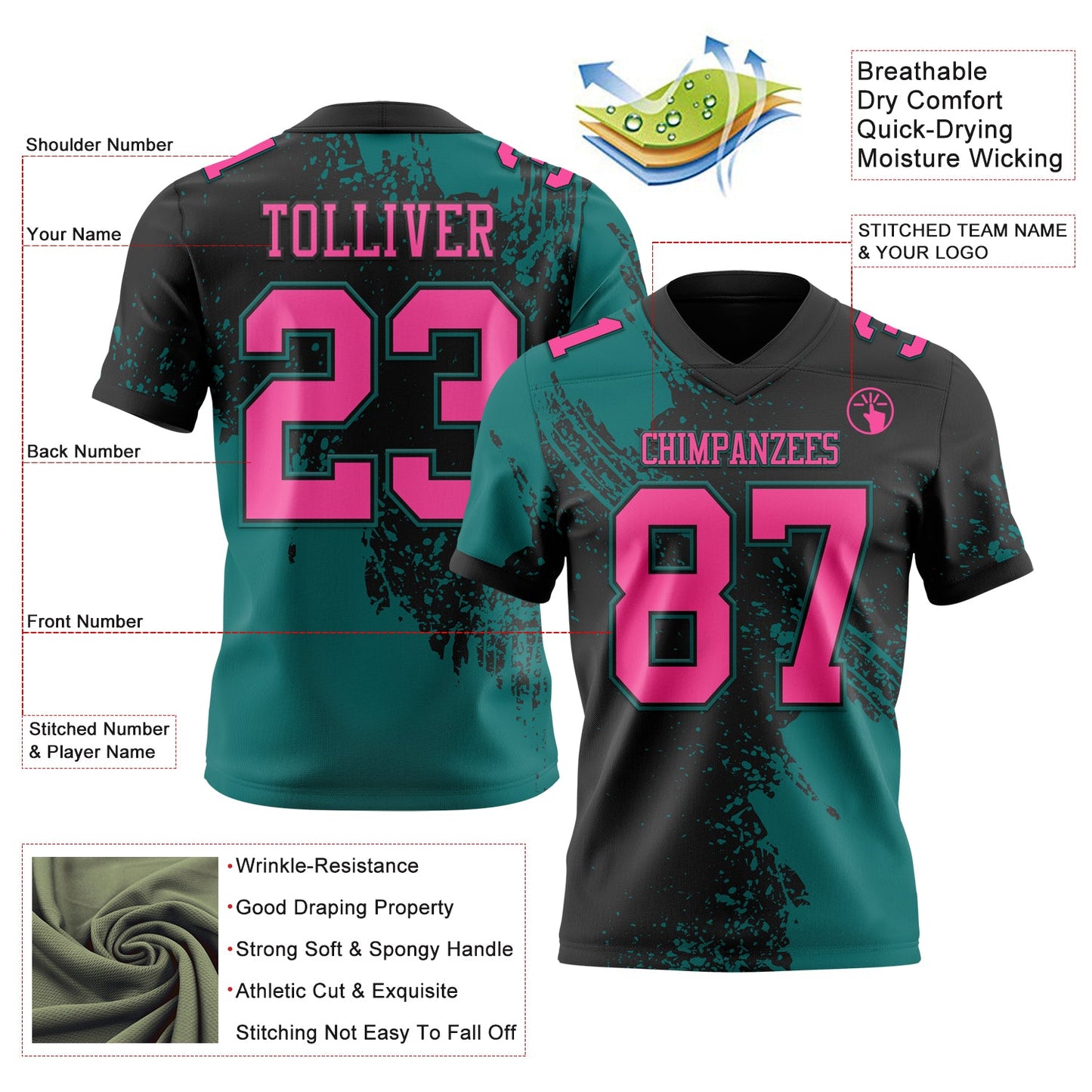 Custom Black Pink-Teal 3D Pattern Abstract Brush Stroke Mesh Authentic Football Jersey