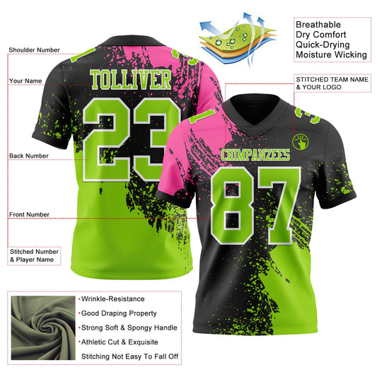 Custom Black Neon Green-Pink 3D Pattern Abstract Brush Stroke Mesh Authentic Football Jersey