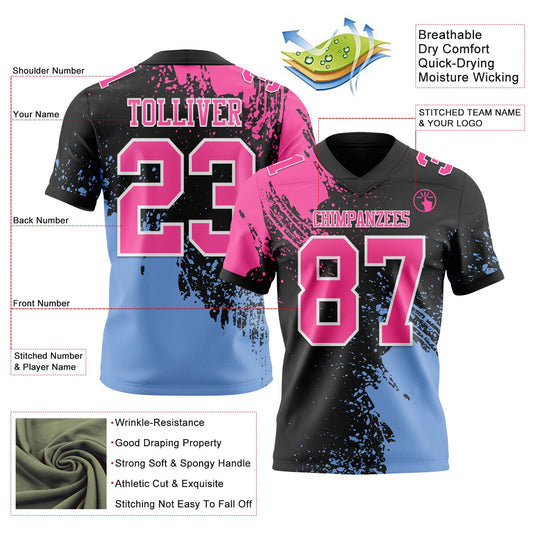 Custom Black Pink Light Blue-White 3D Pattern Abstract Brush Stroke Mesh Authentic Football Jersey