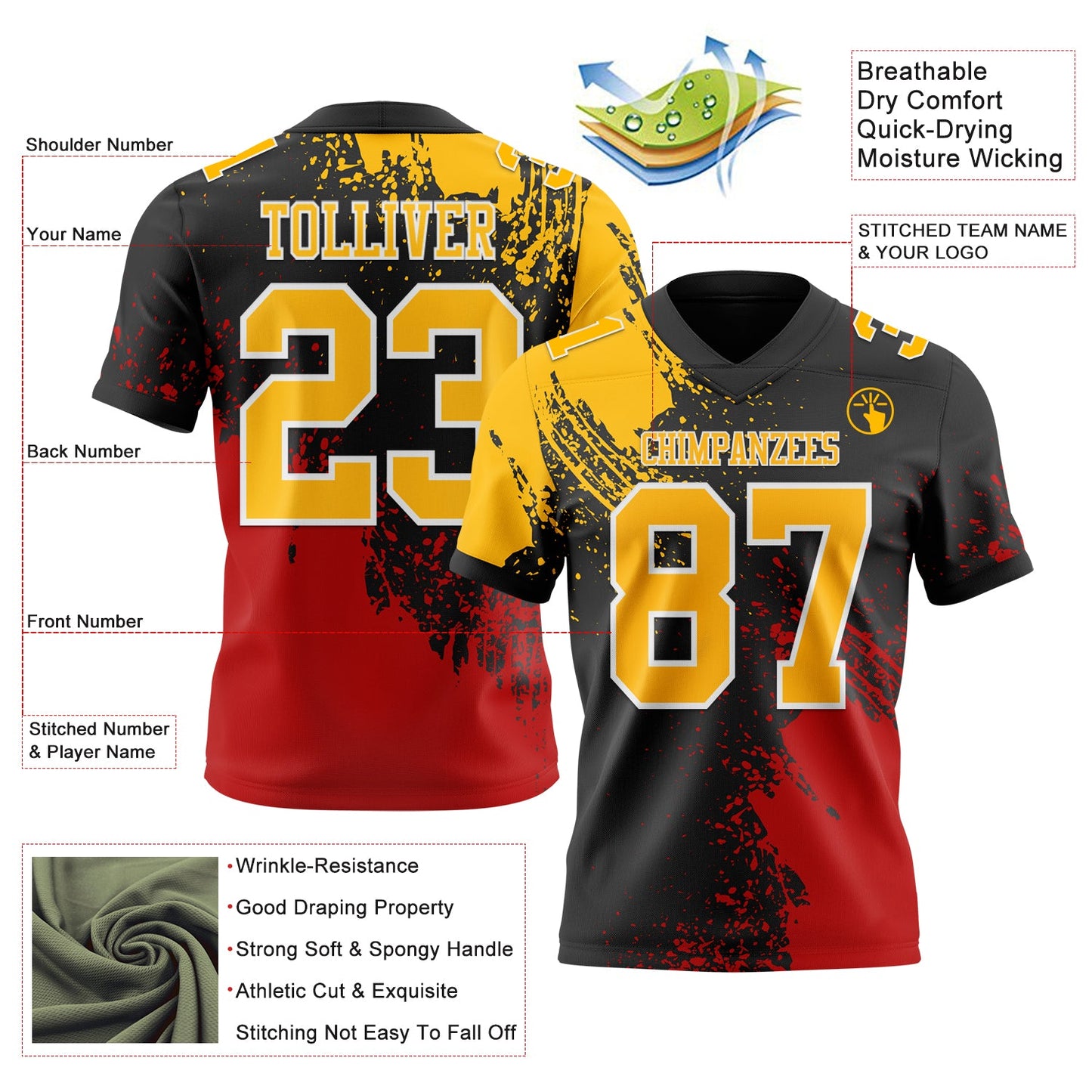 Custom Black Gold Red-White 3D Pattern Abstract Brush Stroke Mesh Authentic Football Jersey