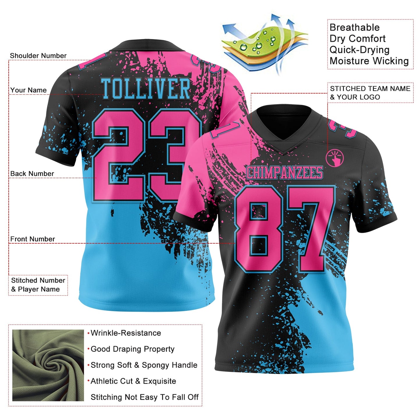 Custom Black Pink-Sky Blue 3D Pattern Abstract Brush Stroke Mesh Authentic Football Jersey