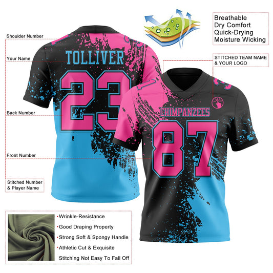 Custom Black Pink-Sky Blue 3D Pattern Abstract Brush Stroke Mesh Authentic Football Jersey