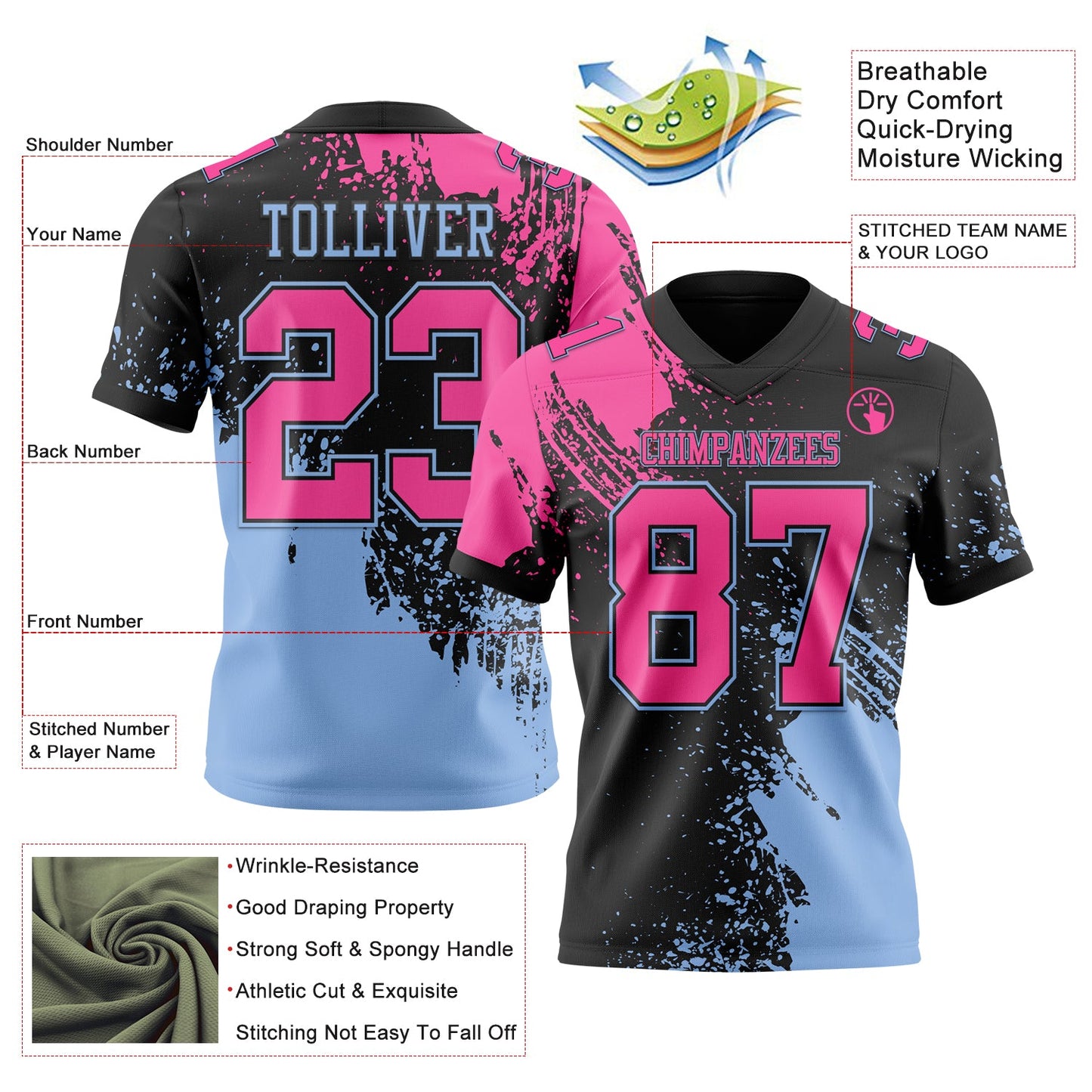 Custom Black Pink-Light Blue 3D Pattern Abstract Brush Stroke Mesh Authentic Football Jersey