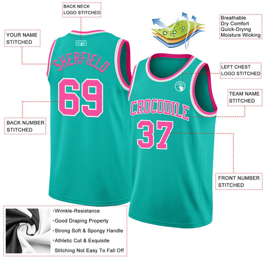 Custom Aqua Pink-White Authentic Basketball Jersey