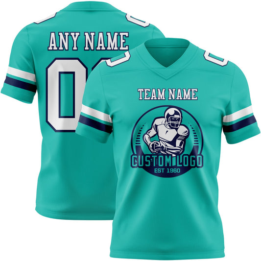 Custom Aqua White-Navy Mesh Authentic Football Jersey
