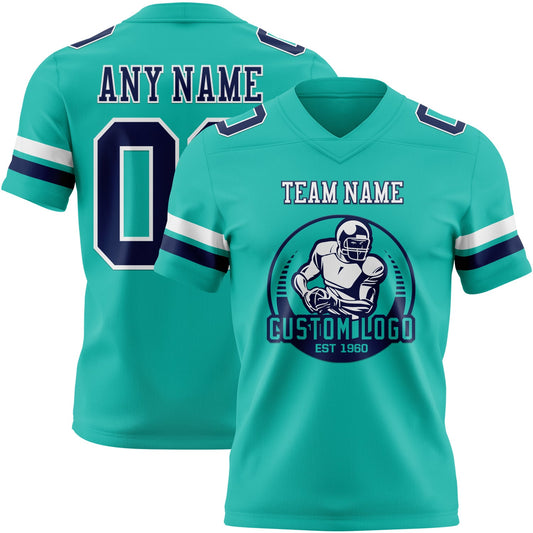 Custom Aqua Navy-White Mesh Authentic Football Jersey