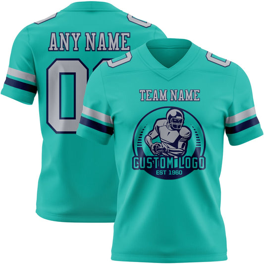 Custom Aqua Gray-Navy Mesh Authentic Football Jersey