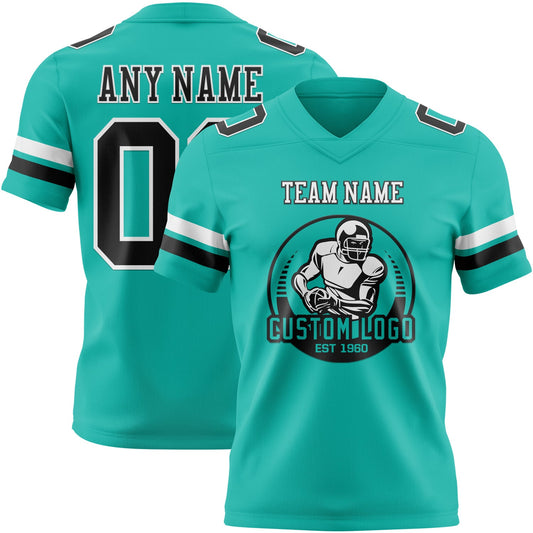 Custom Aqua Black-White Mesh Authentic Football Jersey