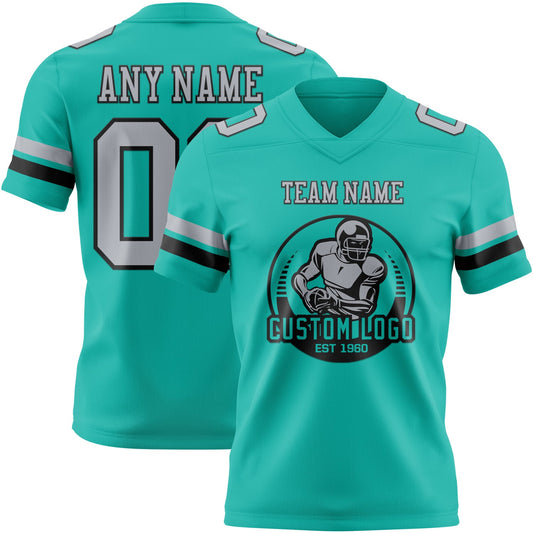 Custom Aqua Gray-Black Mesh Authentic Football Jersey