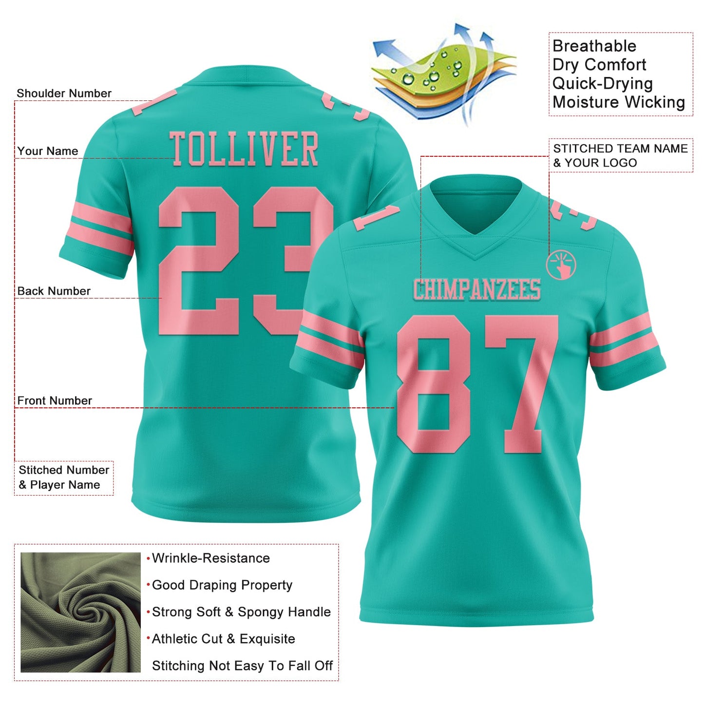 Custom Aqua Medium Pink Mesh Authentic Football Jersey