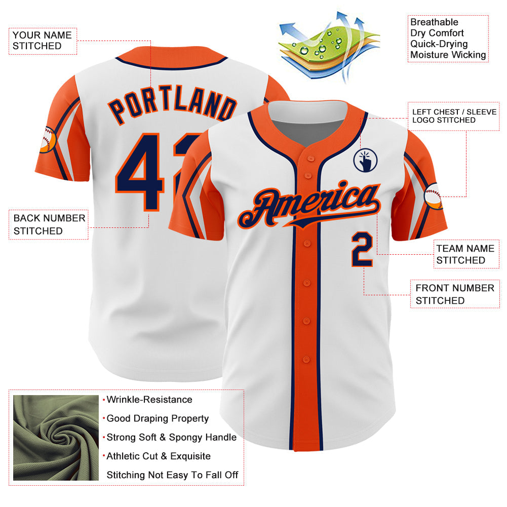 Custom White Navy-Orange 3 Colors Arm Shapes Authentic Baseball Jersey