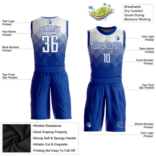 Custom Royal White Round Neck Sublimation Basketball Suit Jersey
