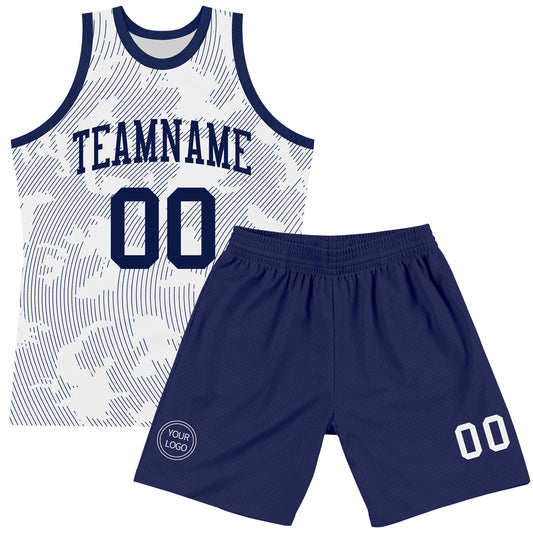 Custom White Navy Curve Lines Round Neck Sublimation Basketball Suit Jersey