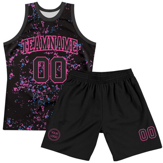 Custom Black Pink Fragment Art Round Neck Sublimation Basketball Suit Jersey