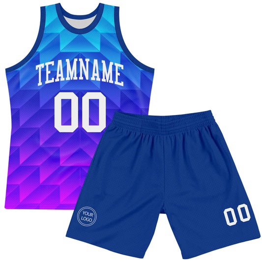 Custom Royal White-Hot Pink Gradient Geometric Shape Round Neck Sublimation Basketball Suit Jersey