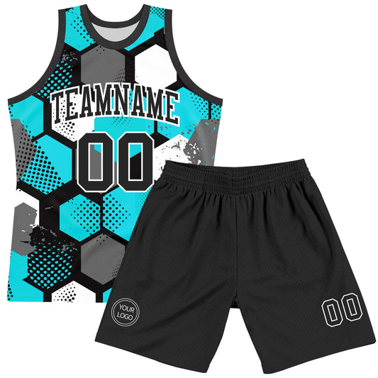 Custom Aqua Black-White Geometric Shape Round Neck Sublimation Basketball Suit Jersey