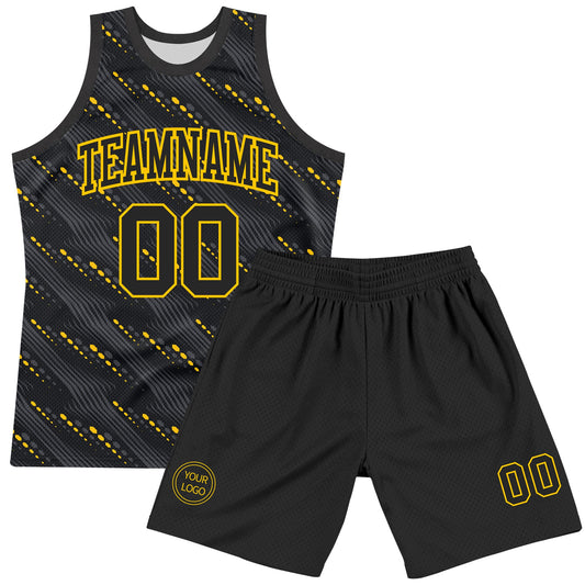Custom Black Yellow Slant Lines Round Neck Sublimation Basketball Suit Jersey