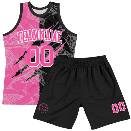 Custom Graffiti Pattern Pink Black-White Scratch Round Neck Sublimation Basketball Suit Jersey