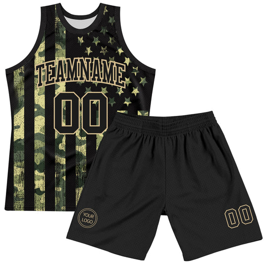 Custom Camo Black-Vegas Gold American Flag Round Neck Sublimation Salute To Service Basketball Suit Jersey