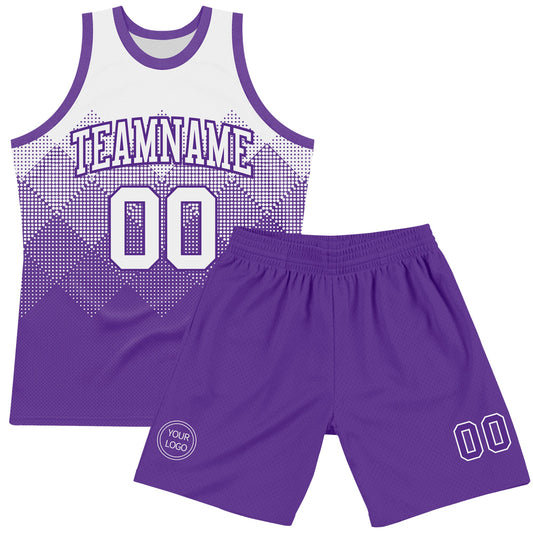 Custom White Purple Gradient Square Shapes Round Neck Sublimation Basketball Suit Jersey